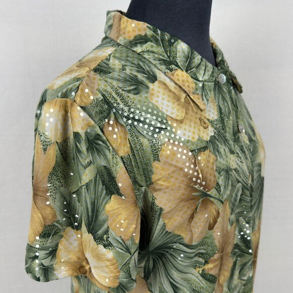 Selene Womens Medium Green Yellow Floral Button Front Hawaiian Shirt Top Blouse - Picture 3 of 8